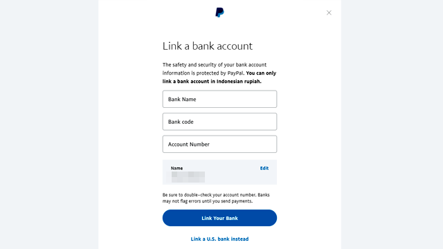 Menghubungkan Bank BRI di Paypal